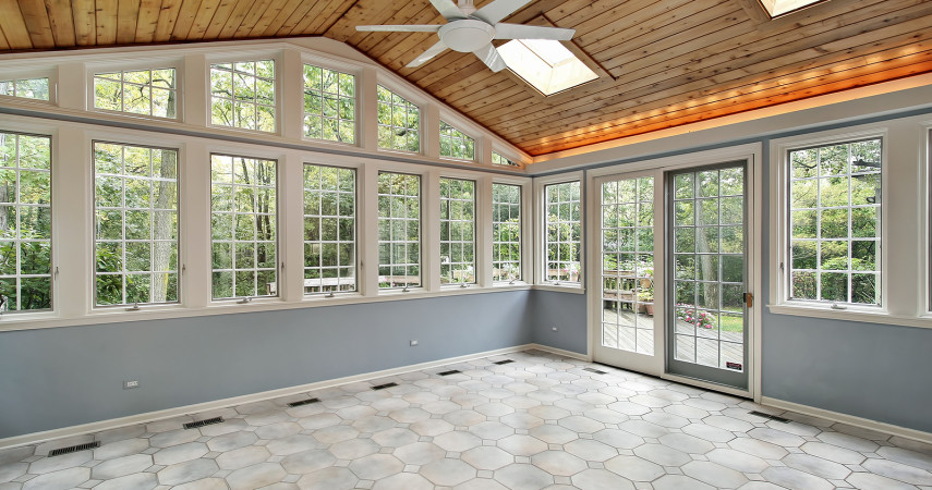 Sunroom with wall of windows